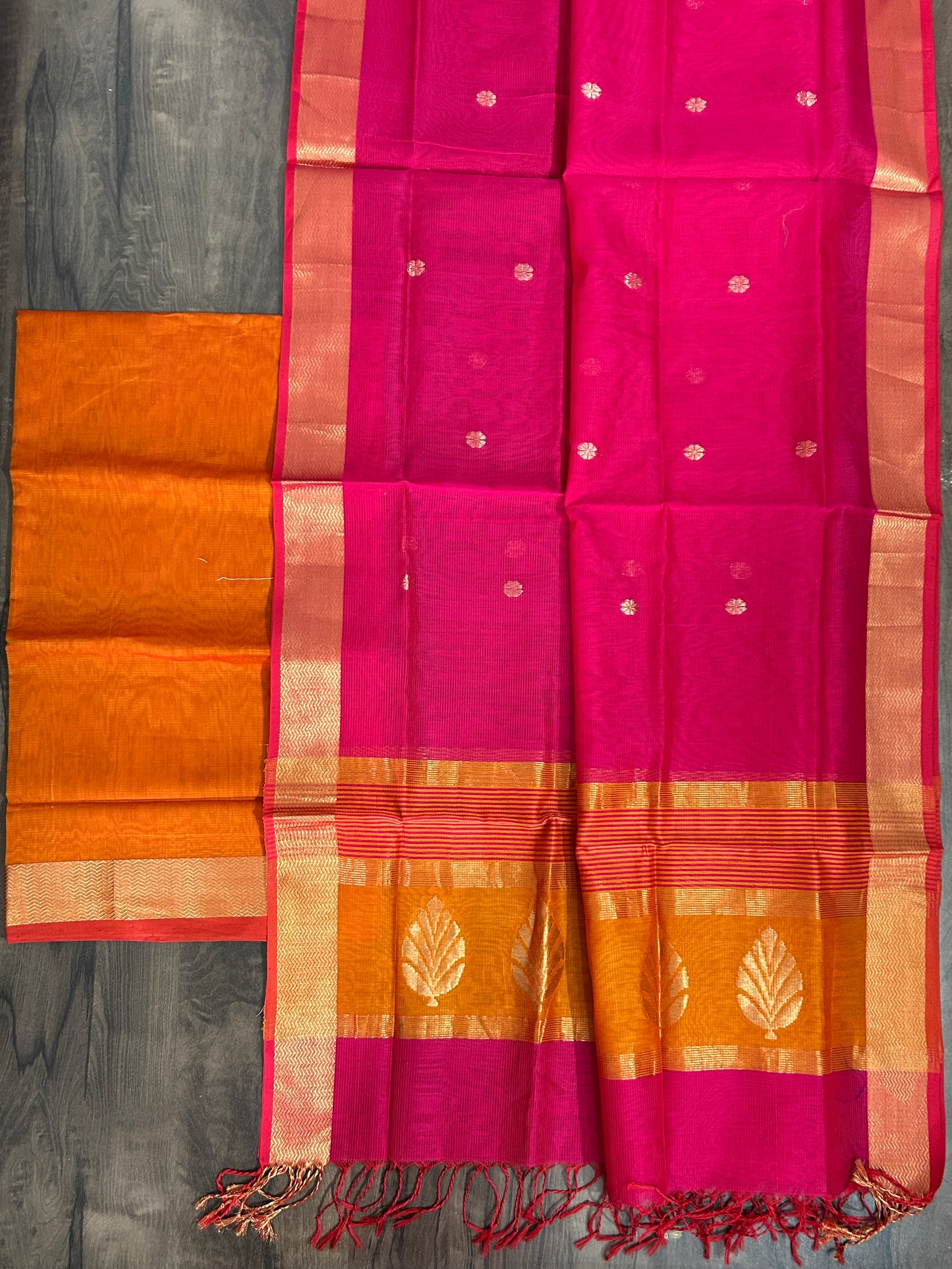 Orange Pink Maheshwari Silk Dress Material