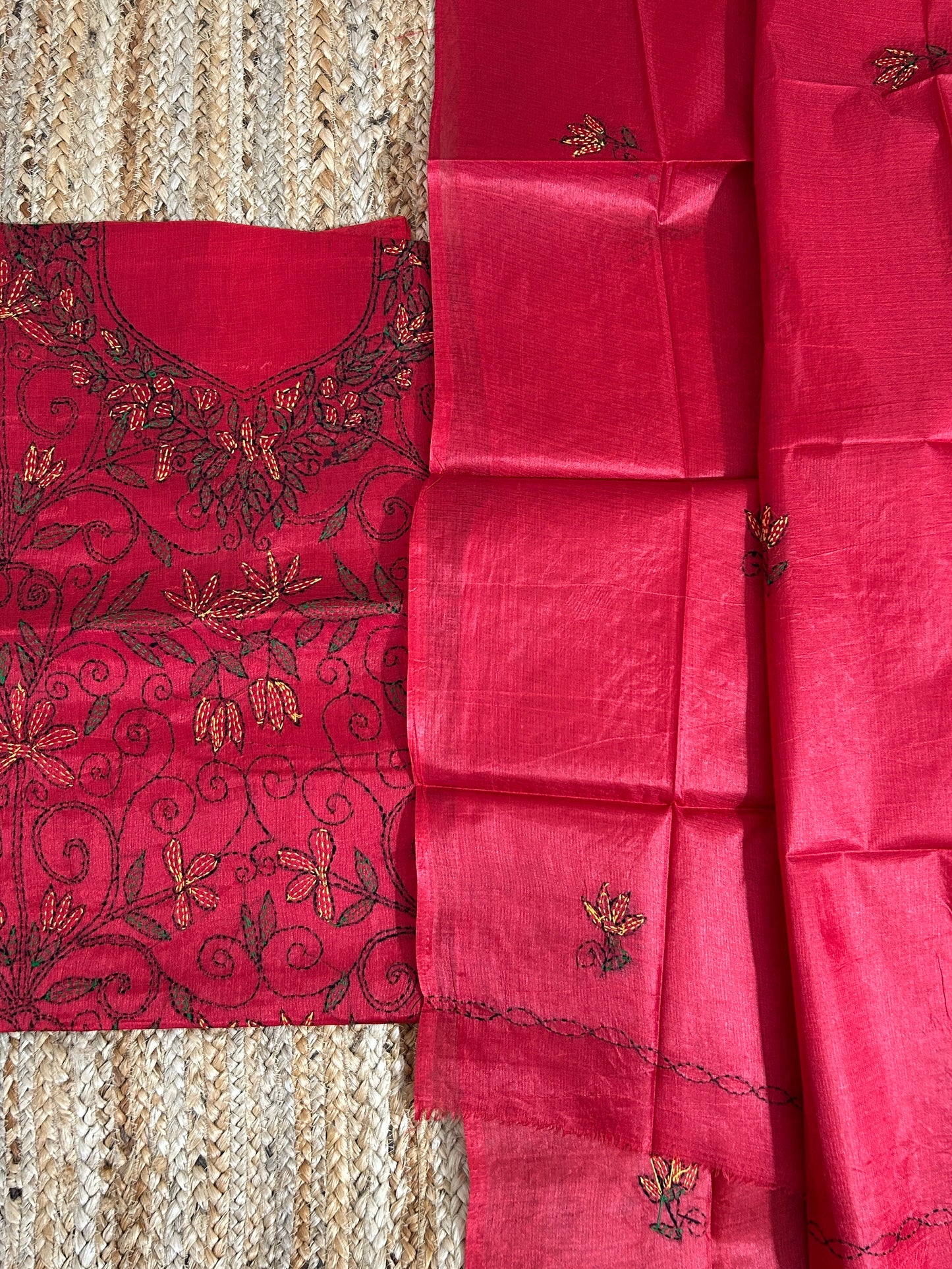 Tussar Silk Cotton Kantha Work top dupatta set