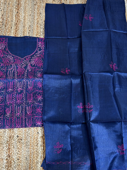 Tussar Silk Cotton Kantha Work top dupatta set