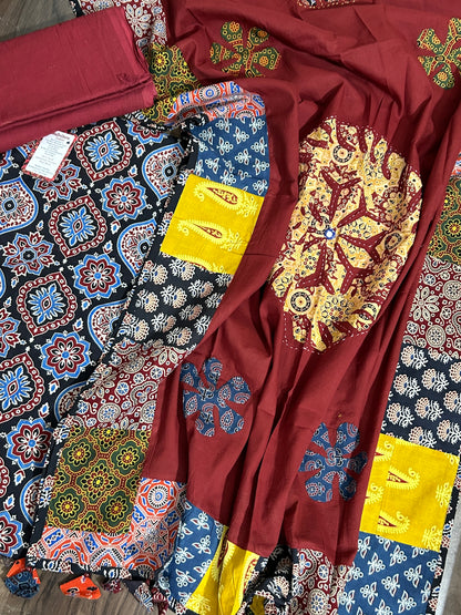 Ajrakh Cotton Dress Material with Mirror work Dupatta