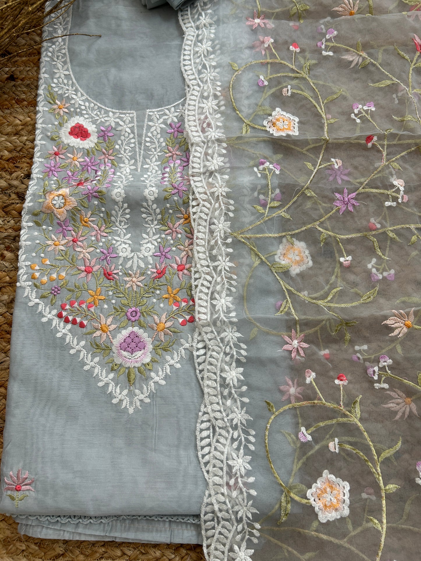 Embroidered Cotton Dress Material with Embroidered Organza Dupatta