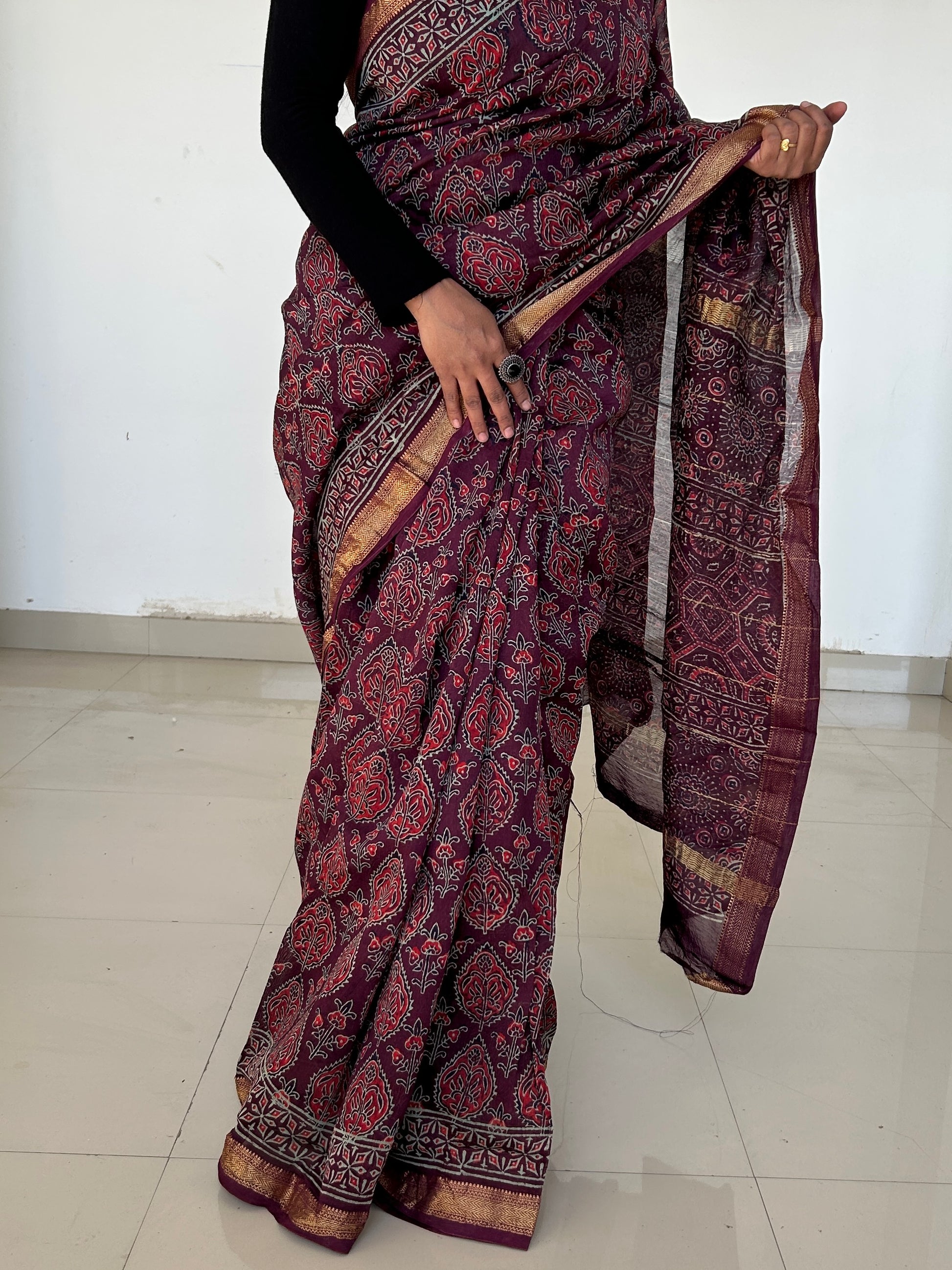 Ajrakh Maheshwari Silk Cotton Saree with Gold zari Border