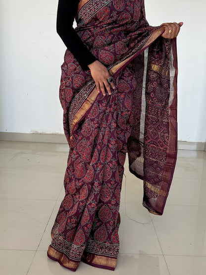 Ajrakh Maheshwari Silk Cotton Saree with Gold zari Border