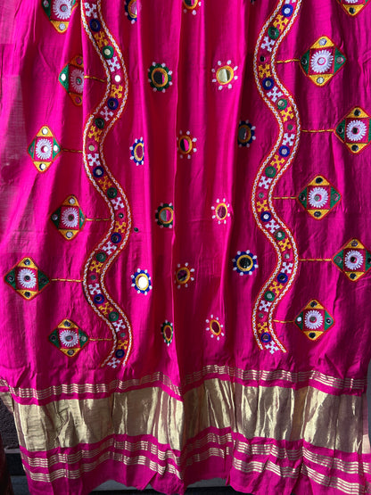 Pink Semi Modal Mirror Work and &nbsp;Kutchh Work Dupatta with lagdi patta