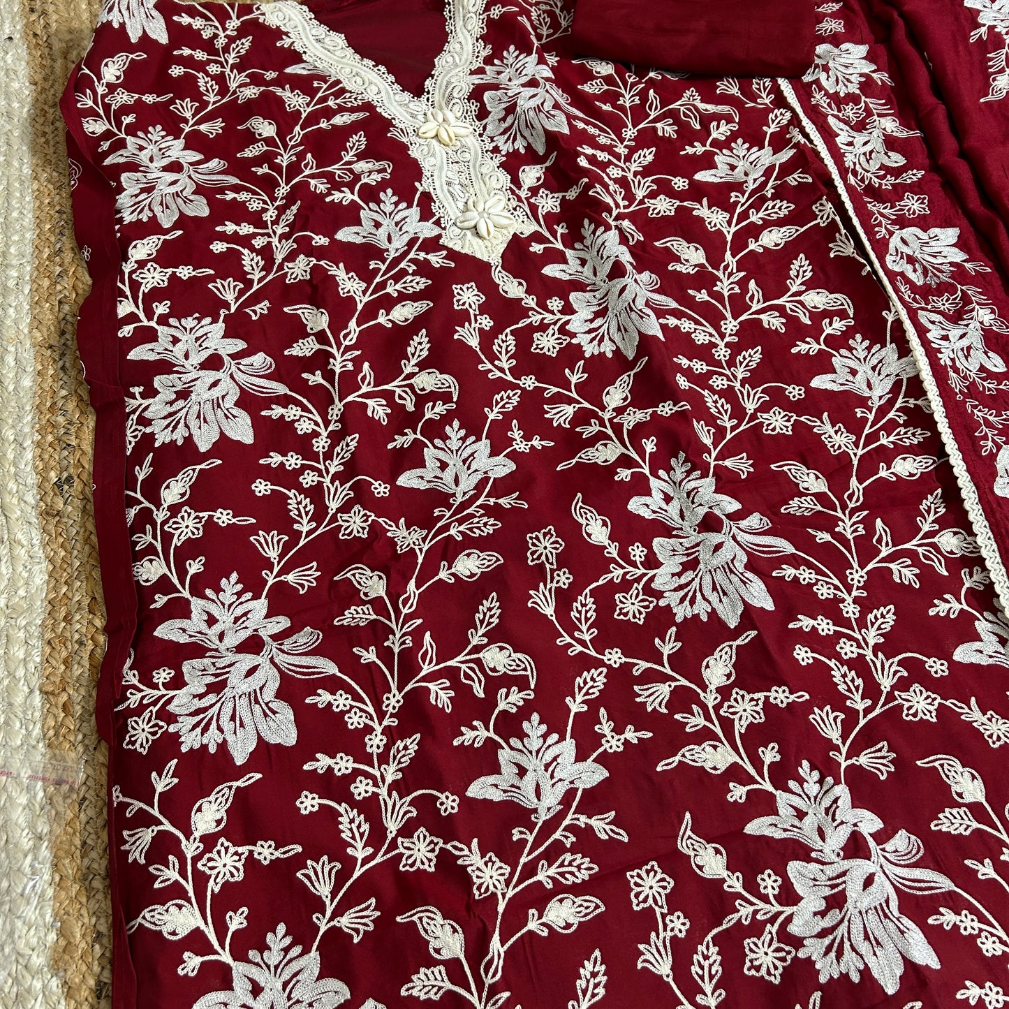 Maroon Embroidered silk Cotton Dress Material