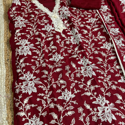 Maroon Embroidered silk Cotton Dress Material