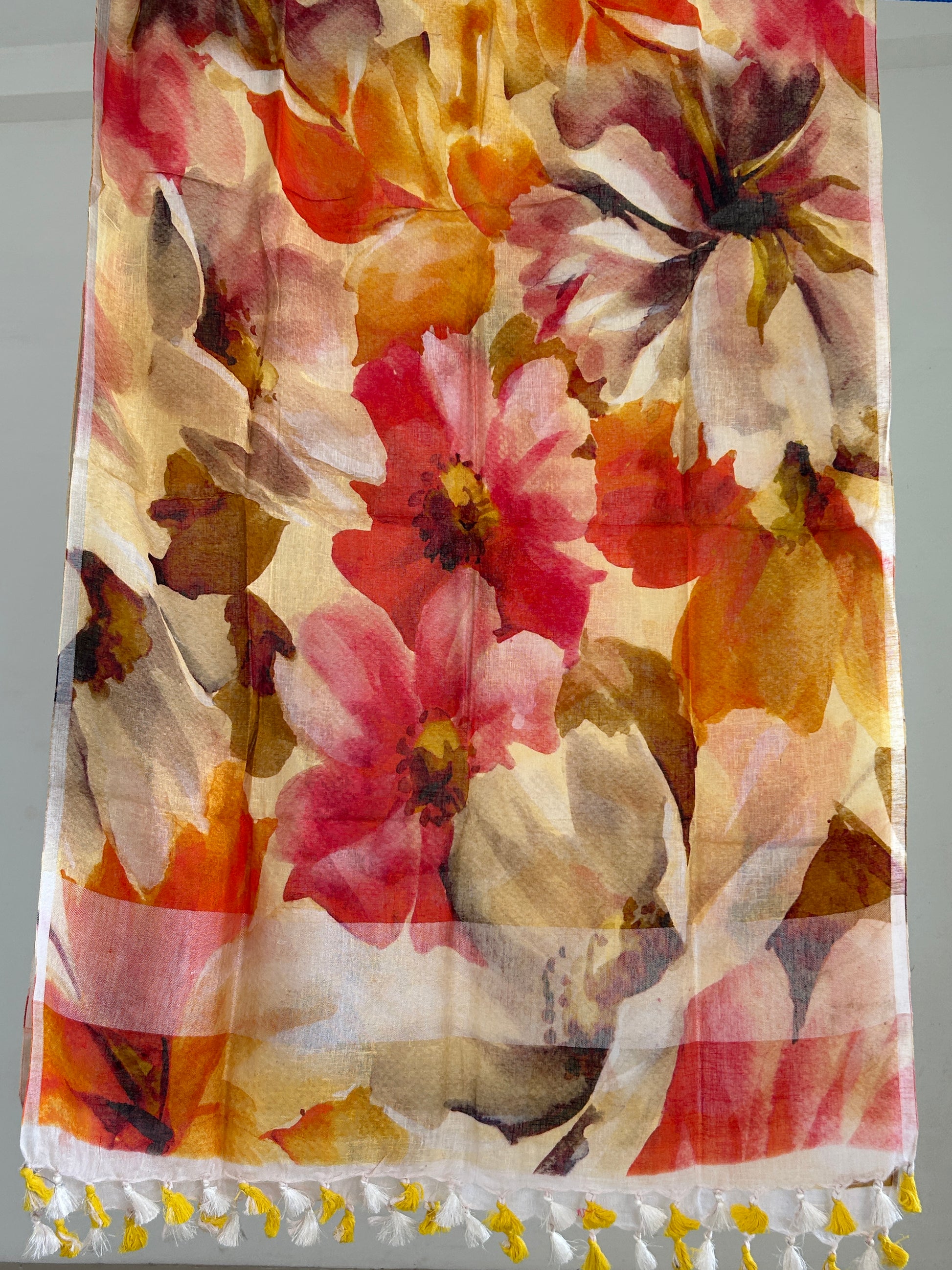 Linen Digital Print Dupatta with Silver Border and tassels