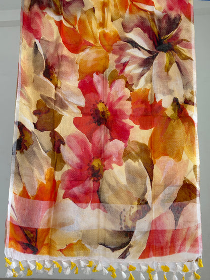 Linen Digital Print Dupatta with Silver Border and tassels
