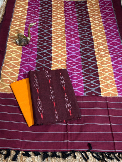 Brown Double Ikat Cotton Dress Material