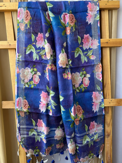 Pure Linen Digital Print Dupatta with Silver Border and Tassles