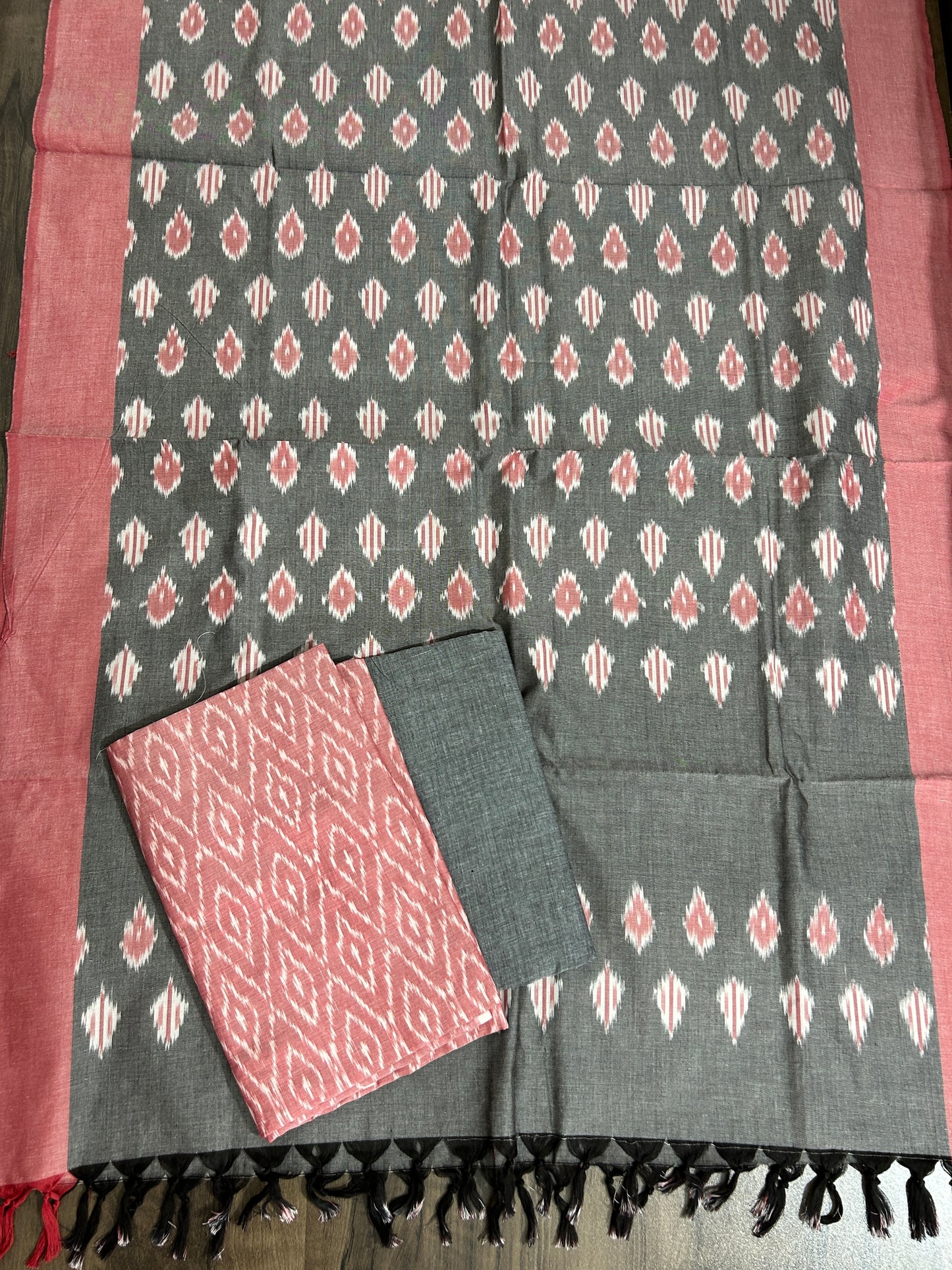 Pink grey Double Ikat Mercerized Cotton Dress Material