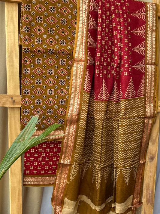 Hand BlockPrint Cotton Dress Material with zari Border