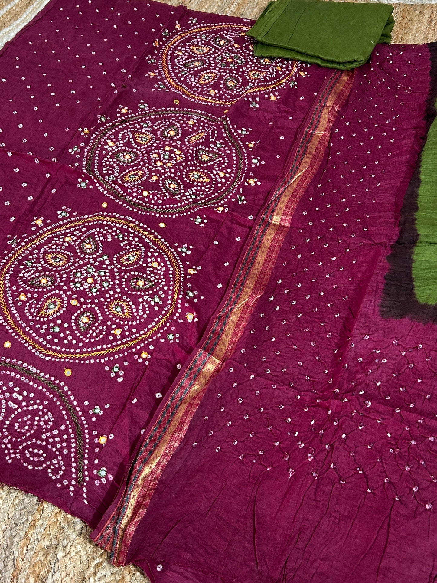 Bandhej HandWork and Mirror Work Cotton Dress Material