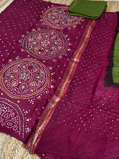 Bandhej HandWork and Mirror Work Cotton Dress Material