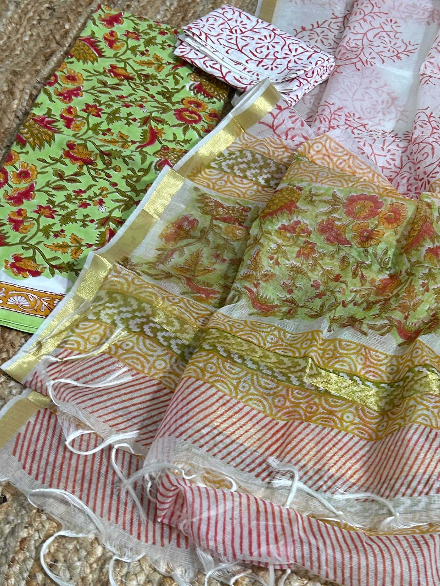 Hand BlockPrint Cotton Dress Material with Organza Dupatta *