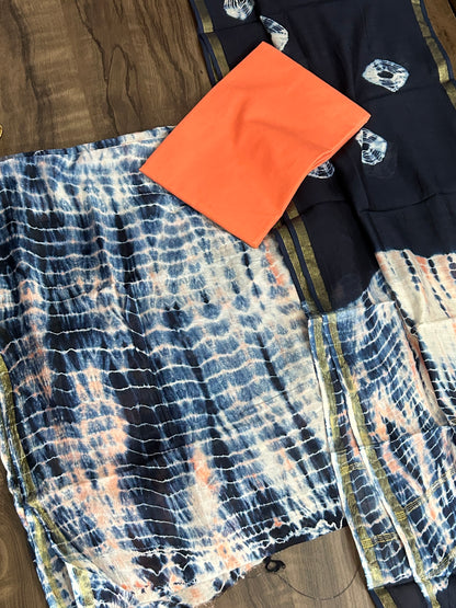 Indigo Tie and Dye Chanderi Silk Cotton Dress Material