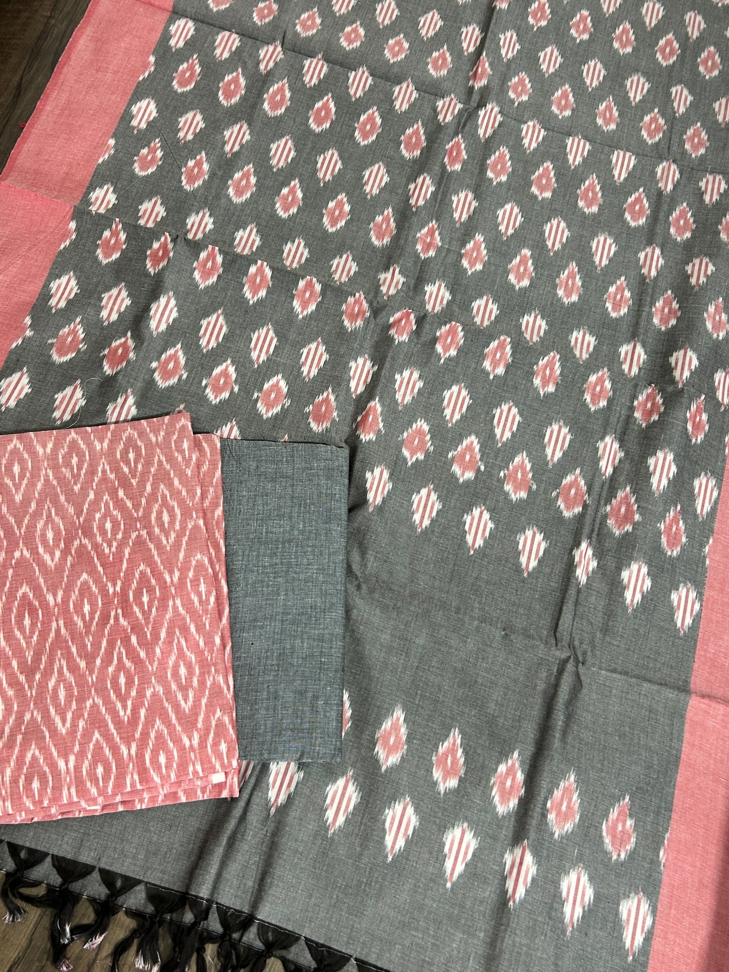 Pink grey Double Ikat Mercerized Cotton Dress Material
