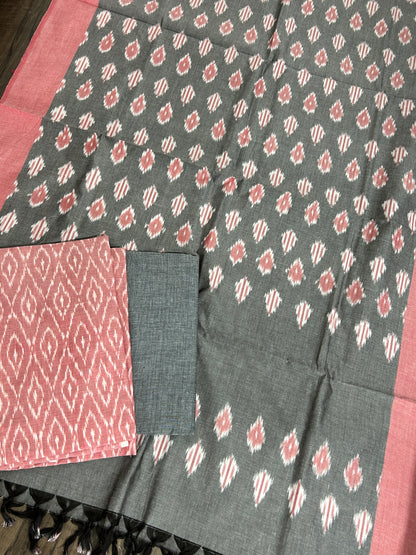 Pink grey Double Ikat Mercerized Cotton Dress Material
