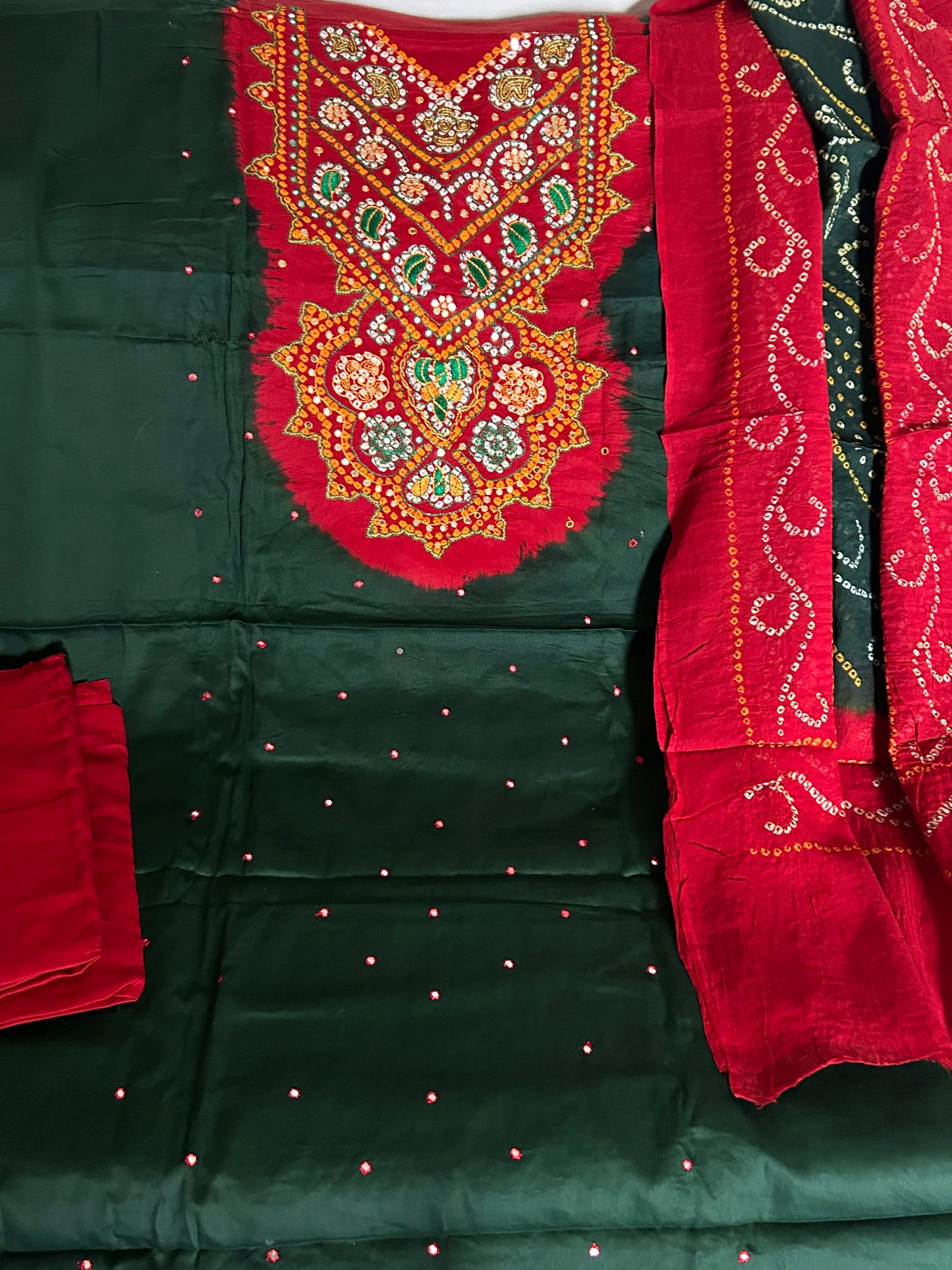 Bandhej HandWork Cotton Dress Material with Mirror work