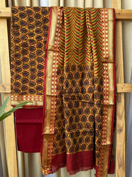 Hand Block Print Cotton Dress Material with zari Border