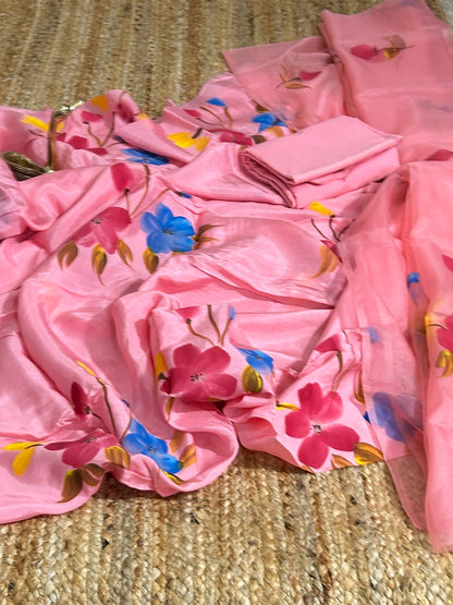 Upada Silk Hand Painted Dress Material with Organza Dupatta