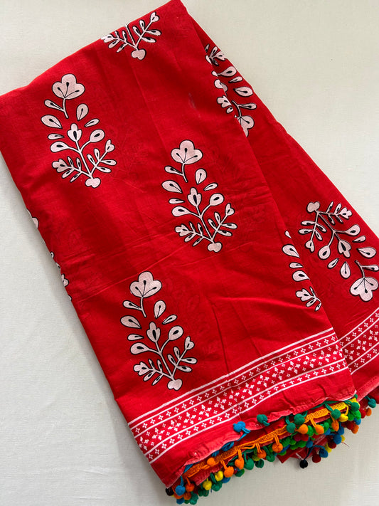 Hand Block Print Cotton Saree with Pompoms