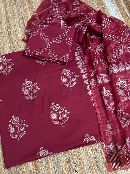 Hand BlockPrint Cotton Dress Material with Organza Dupatta