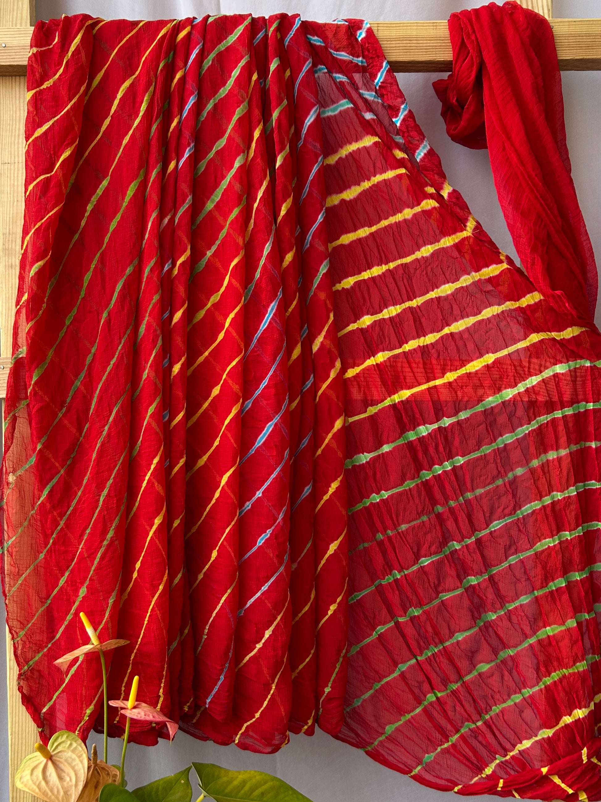 Red Chiffon Lehariya Saree with Blouse