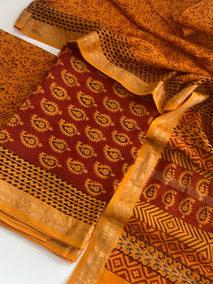 Bagh Print Maheshwari Silk Cotton Dress Material