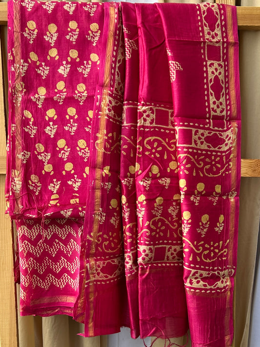 Chanderi Pure Silk Cotton Hand Blockprint Dress Material
