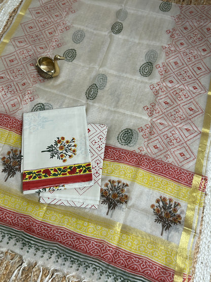 Hand Block Print Cotton Dress Material with Kota Silk Dupatta *