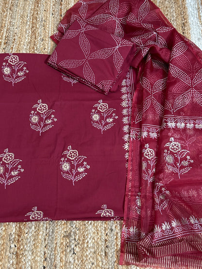 Hand BlockPrint Cotton Dress Material with Organza Dupatta
