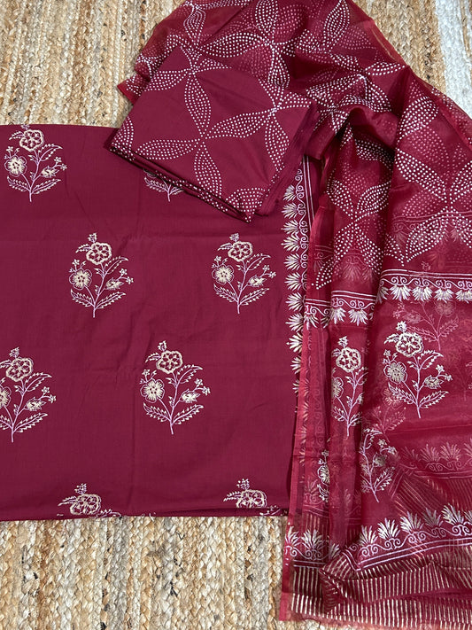 Hand BlockPrint Cotton Dress Material with Organza Dupatta