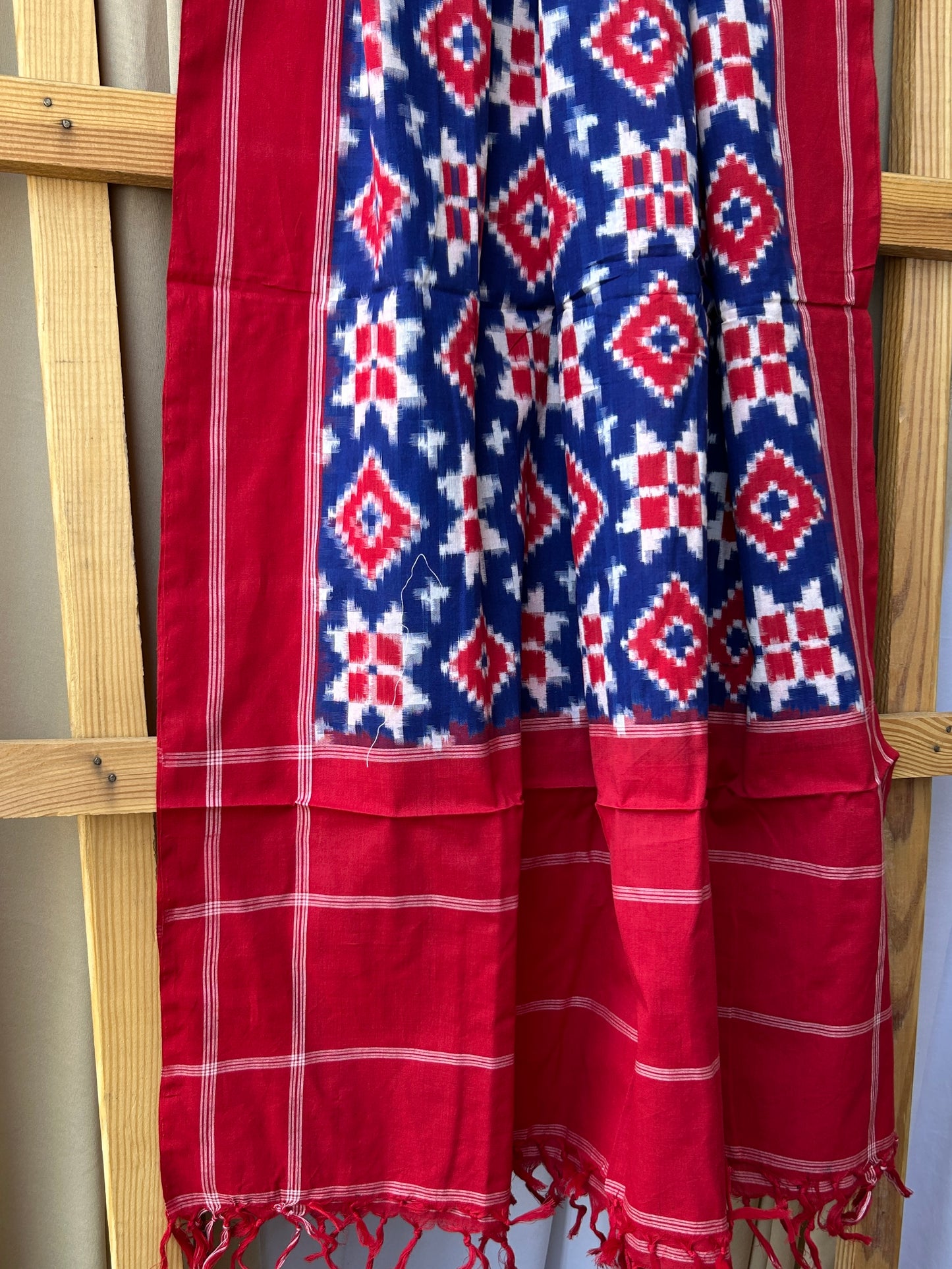 Red Blue Telia Rumal Double Ikat Mercerised Cotton Dupatta