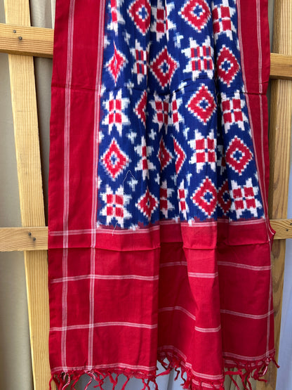 Red Blue Telia Rumal Double Ikat Mercerised Cotton Dupatta