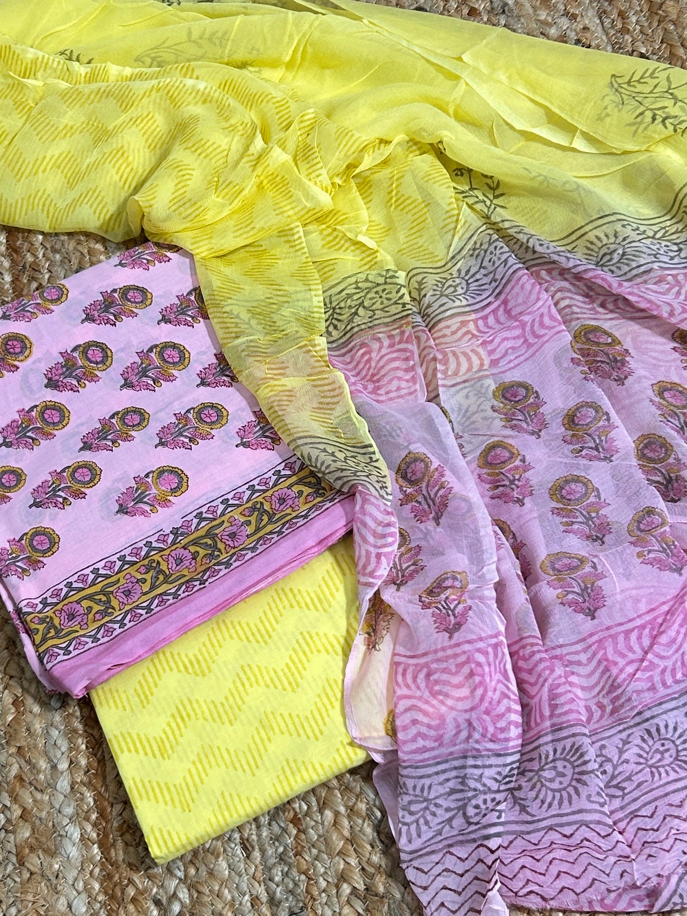 Cotton Hand Block Print Dress Material with Chiffon Dupatta *