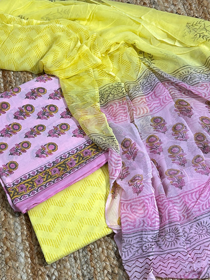 Cotton Hand Block Print Dress Material with Chiffon Dupatta *