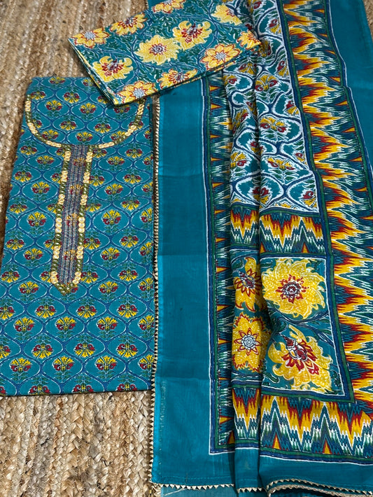 Hand BlockPrint Cotton Embroidered Dress Material with Cotton Dupatta *