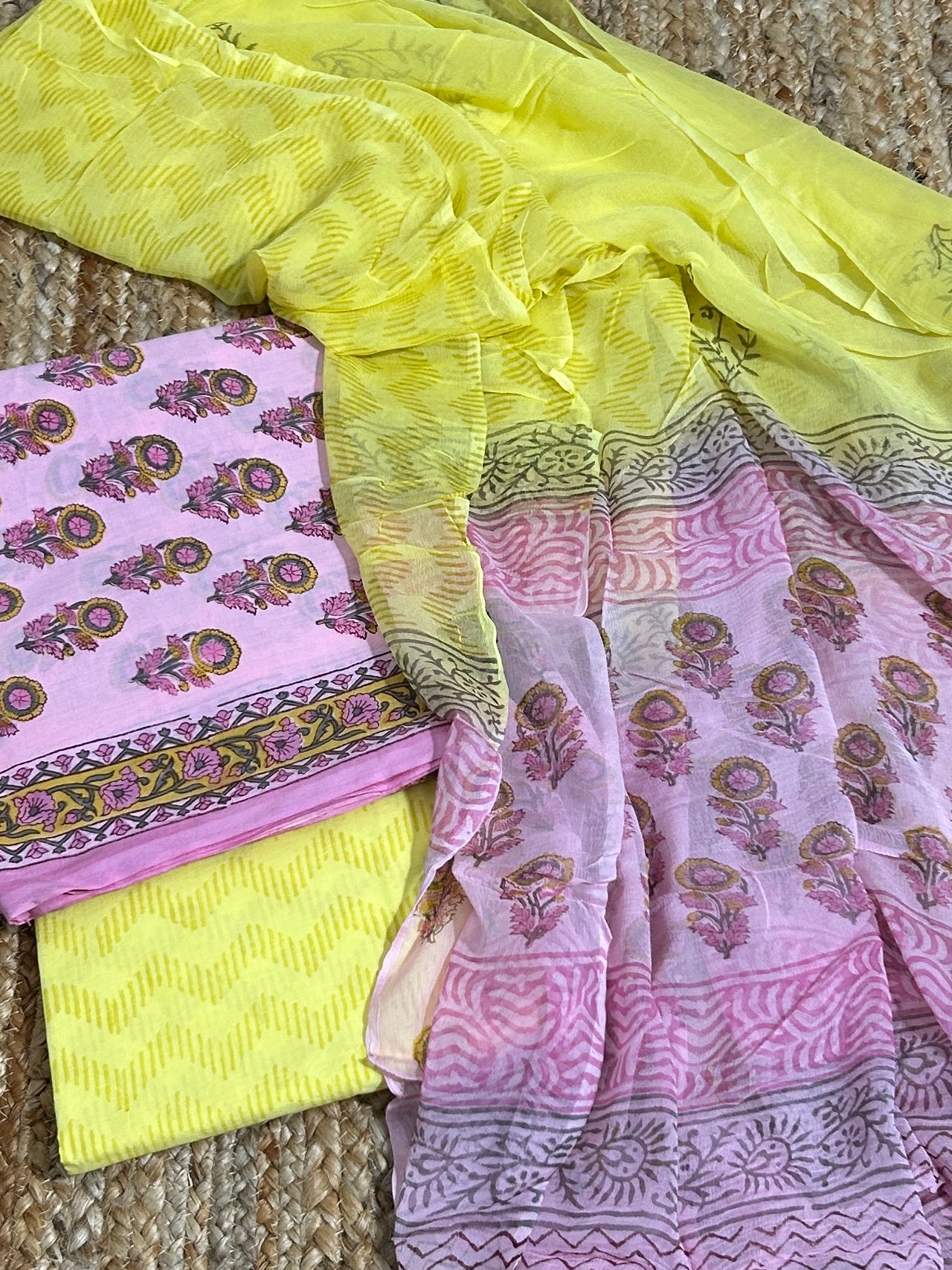 Cotton Hand Block Print Dress Material with Chiffon Dupatta *