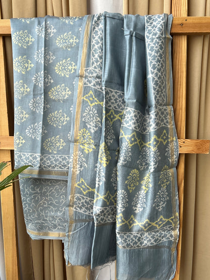 Chanderi Pure Silk Cotton Hand Blockprint Dress Material