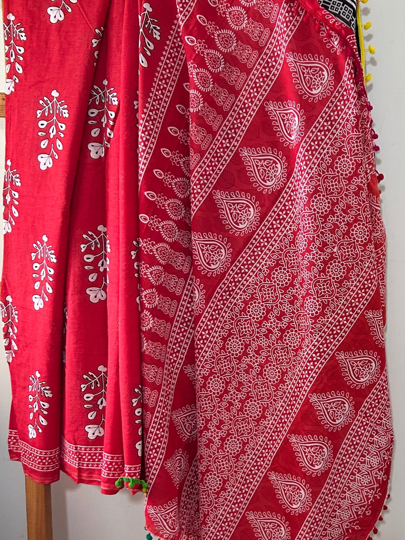Hand BlockPrint Cotton Saree with Pompoms