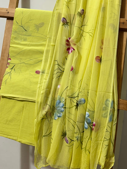 Hand Painted Cotton Dress material with Chiffon Dupatta *
