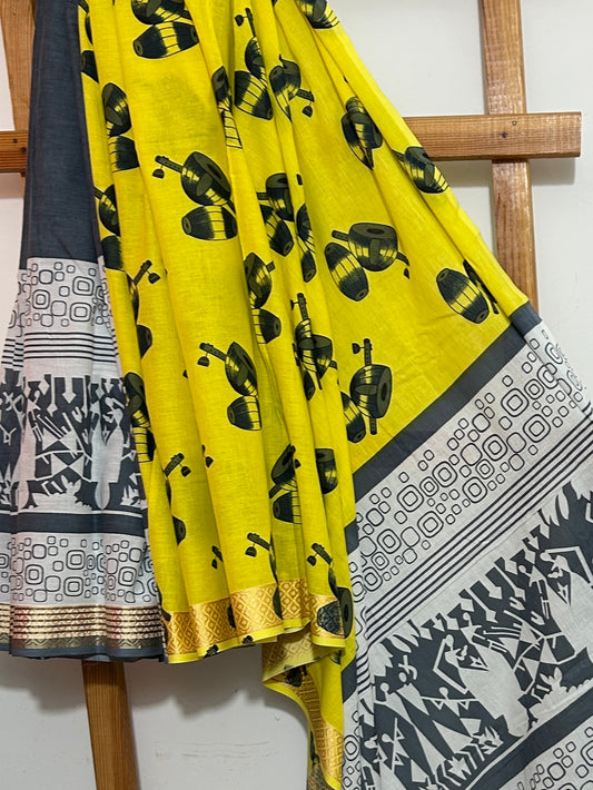 Hand Blockprint Half and Half Cotton Saree with Maheshwari border