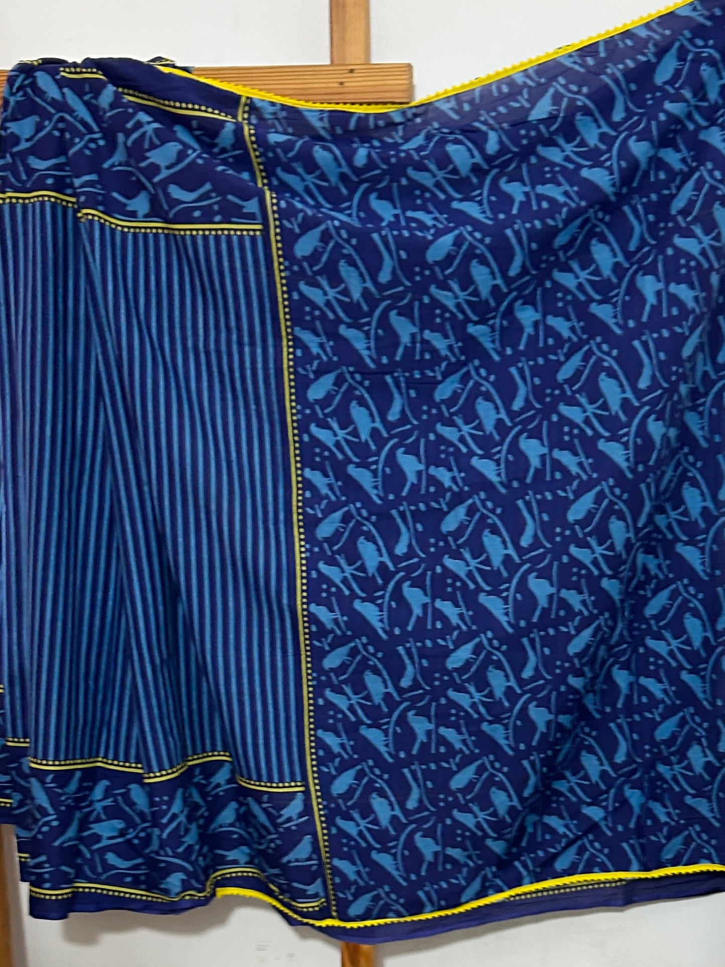 Indigo Hand Block Print Cotton Saree with Pompoms