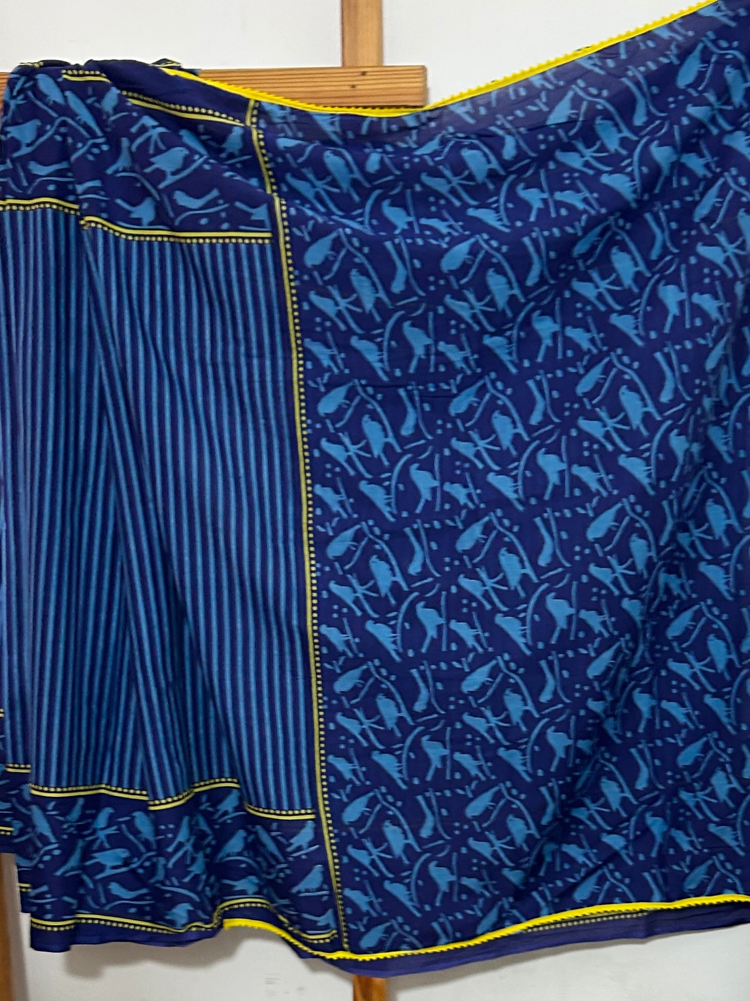 Indigo Hand Block Print Cotton Saree with Pompoms