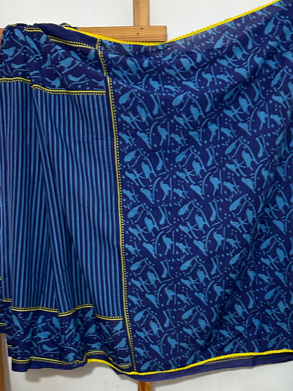 Indigo Hand Block Print Cotton Saree with Pompoms