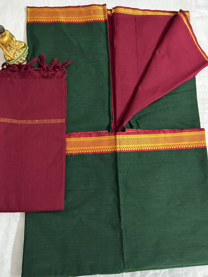 Green Maroon Mangalagiri Cotton Dress Material with zari border