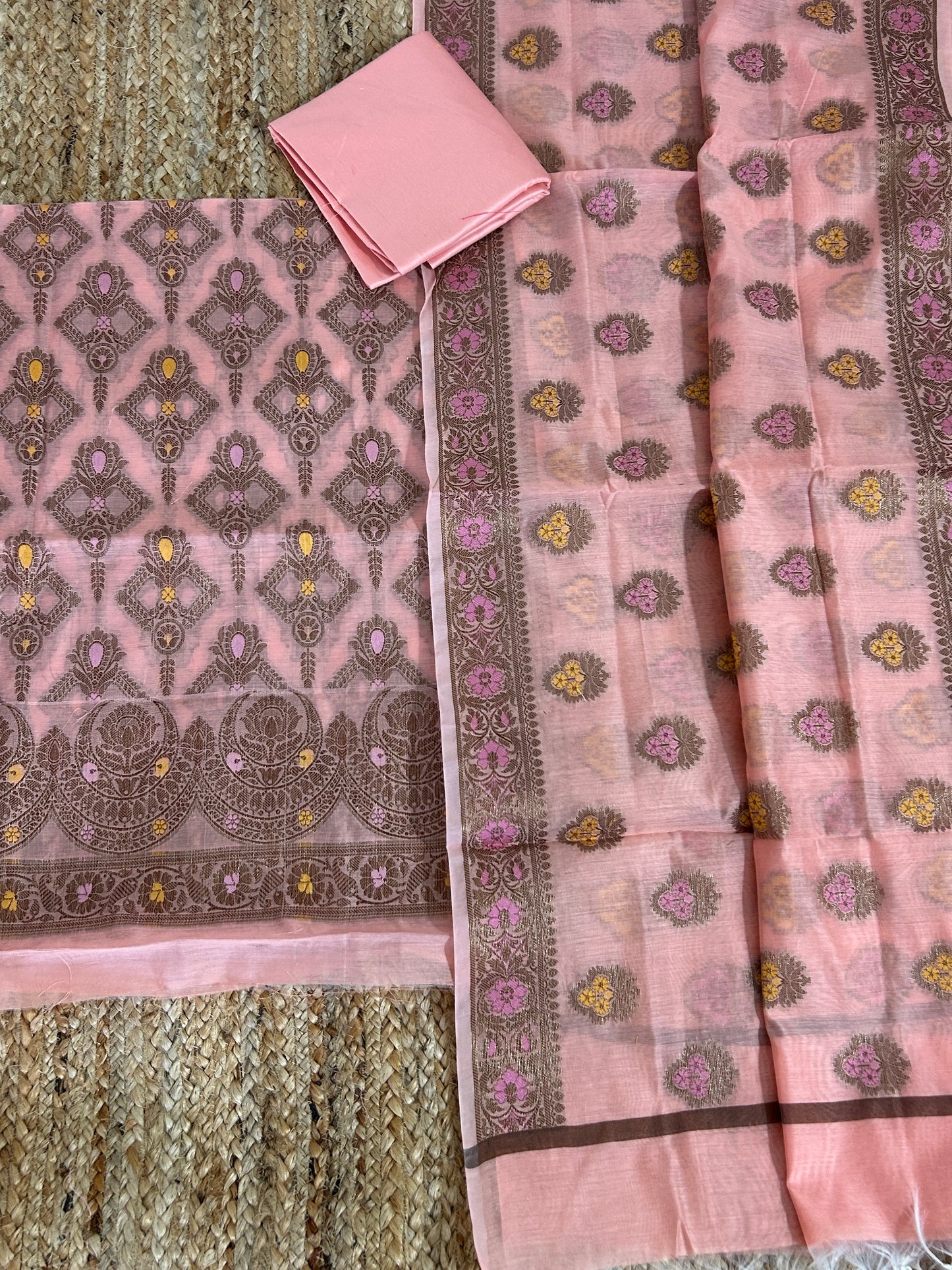 Peach Banarasi Cotton Silk Dress Material