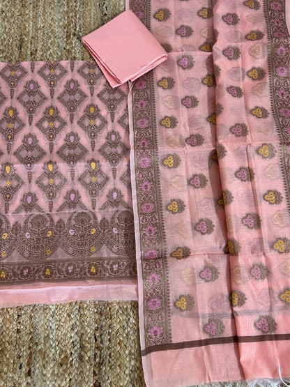 Peach Banarasi Cotton Silk Dress Material