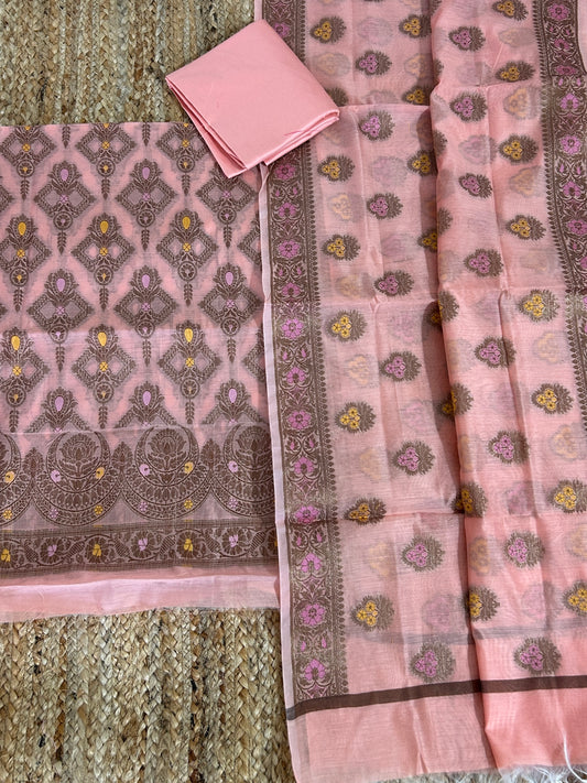 Peach Banarasi Cotton Silk Dress Material